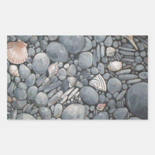 Coastal Beach Pebbles and Shells Painting Print Rectangular Sticker