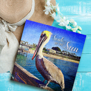 Coastal Beach Pier Pelican Bird Photo, Soak Up Sun Jigsaw Puzzle