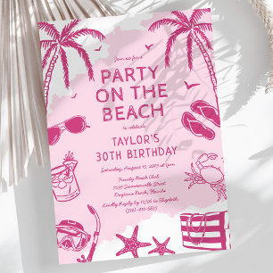 Coastal Beach Pink Doodle Birthday Party Invitation