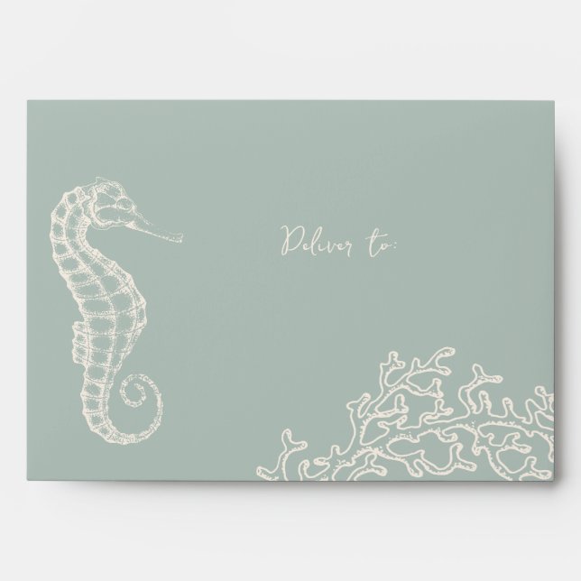 Coastal beach sage green tan destination wedding  envelope (Front)
