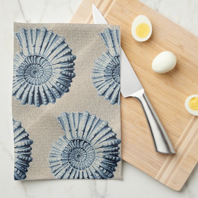 Coastal Beach Sand & Blue Spiral Seashells Kitchen Towel (Quarter Fold)