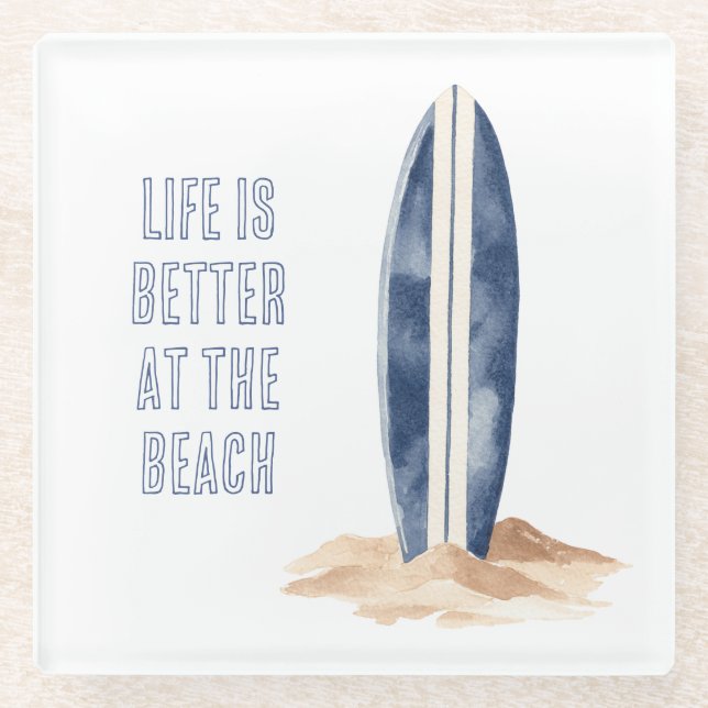 Coastal Beach Sand Blue White Surf Board Glass Coaster (Front)
