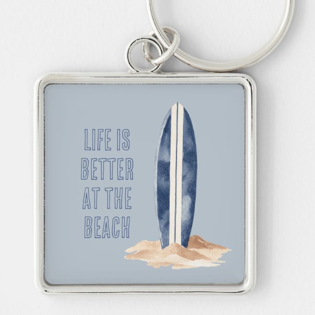 Coastal Beach Sand Blue White Surf Board Keychain (Front)