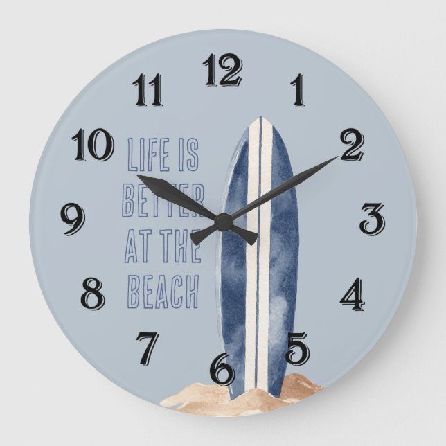 Coastal Beach Sand Blue White Surf Board Large Clock (Front)