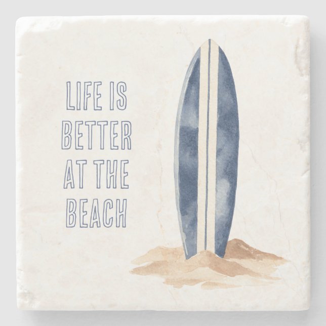 Coastal Beach Sand Blue White Surf Board Stone Coaster (Front)