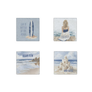 Coastal Beach Sand Blue White Surf Board Stone Magnet