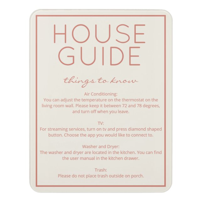 Coastal Beach Sand House Guide Guest Sign (Contemporary Vert)