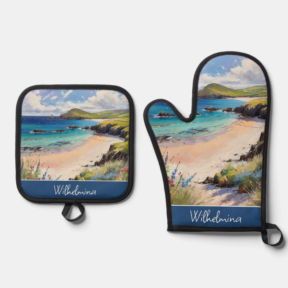 Coastal Beach Sand Sea Ocean Watercolor Elegant  Oven Mitt & Pot Holder Set