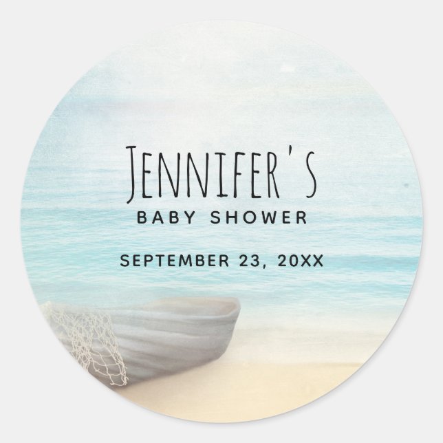 Coastal Beach Scene Nautical Baby Shower Classic Round Sticker (Front)