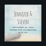Coastal Beach Scene Nautical Wedding Thanks Magnet<br><div class="desc">Wedding thank you magnet with a beautiful rustic image. Subtle colors of light blue,  sandy brown and gentle white. A beach scene with a boat on the shore with a fishing net hanging off the side. An elegant shabby look.</div>