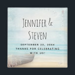 Coastal Beach Scene Nautical Wedding Thanks Magnet<br><div class="desc">Wedding thank you magnet with a beautiful rustic image. Subtle colors of light blue,  sandy brown and gentle white. A beach scene with a boat on the shore with a fishing net hanging off the side. An elegant shabby look.</div>