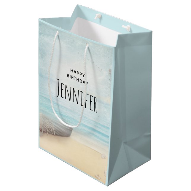 Coastal Beach Scene with a Fishing Boat Birthday Medium Gift Bag (Front Angled)