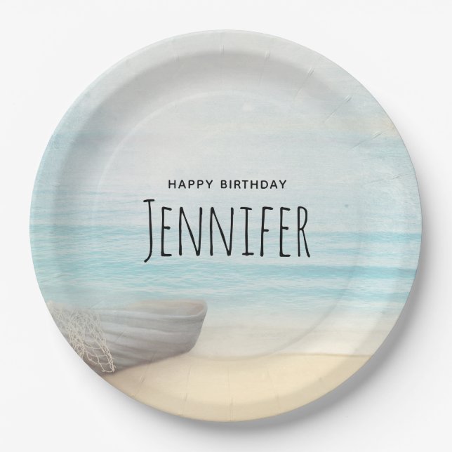 Coastal Beach Scene with a Fishing Boat Birthday Paper Plates (Front)