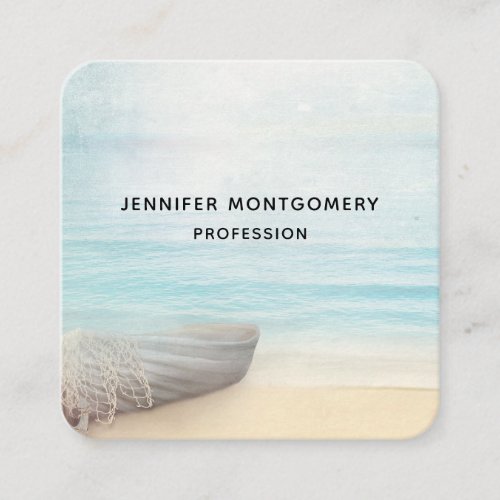 Coastal Beach Scene with a Fishing Boat Business C Square Business Card