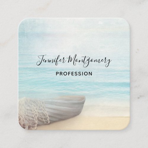 Coastal Beach Scene with a Fishing Boat Business C Square Business Card