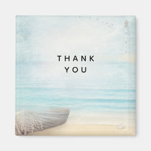 Coastal Beach Scene with a Fishing Boat Thank You Magnet