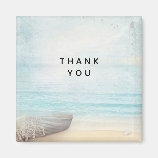 Coastal Beach Scene with a Fishing Boat Thank You Magnet (Front)