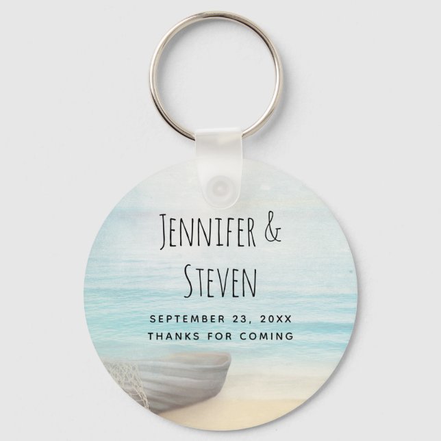  Coastal Beach Scene with a Fishing Boat Wedding Keychain (Front)