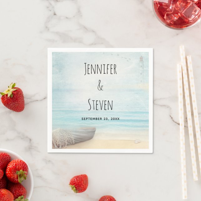 Coastal Beach Scene with a Fishing Boat Wedding Napkins (Insitu)