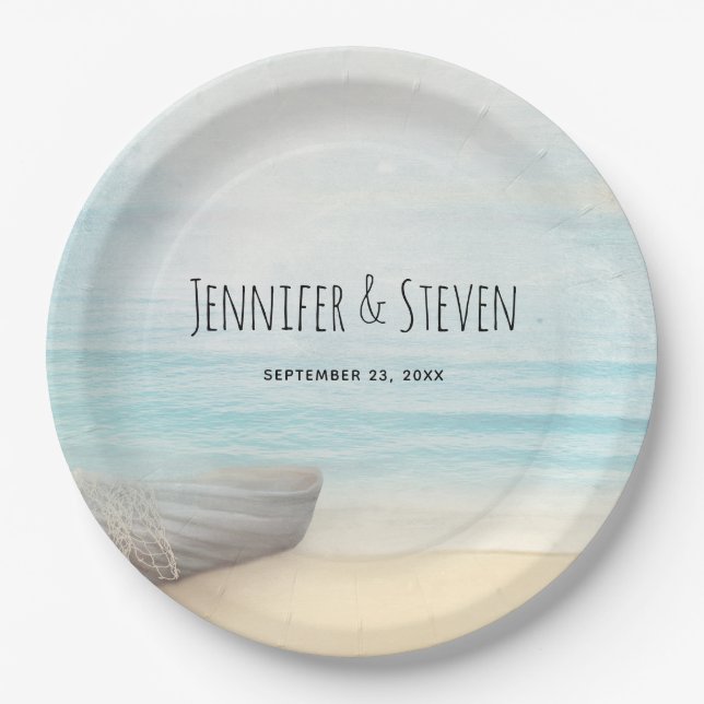 Coastal Beach Scene with a Fishing Boat Wedding Paper Plates (Front)