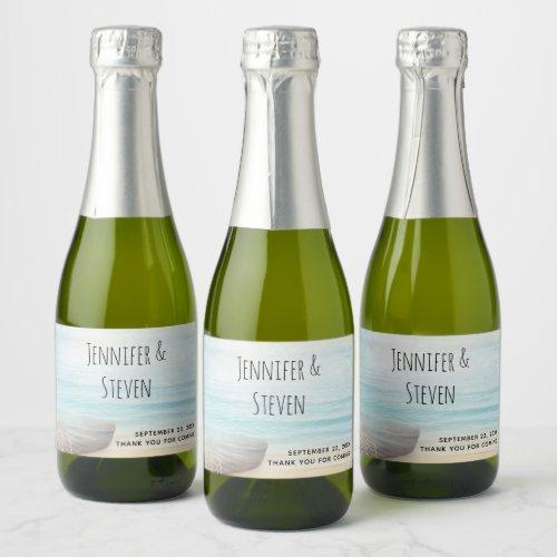 Coastal Beach Scene with a Fishing Boat Wedding Sparkling Wine Label