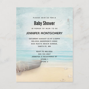 Coastal Beach Scene with Boat & Lighthouse Invitat Invitation Postcard