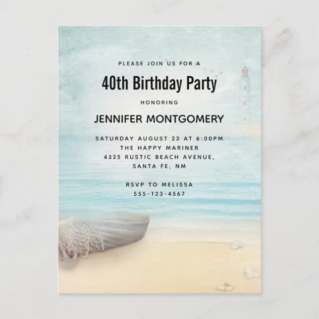 Coastal Beach Scene with Boat & Lighthouse Invitation Postcard | Zazzle