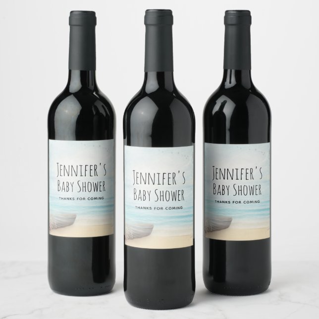 Coastal Beach Scene with Fishing Boat Baby Shower Wine Label (Bottles)