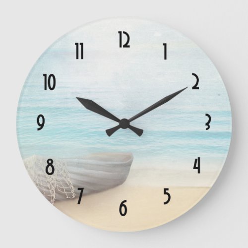 Coastal Beach Scene with Wood Rowboat Large Clock