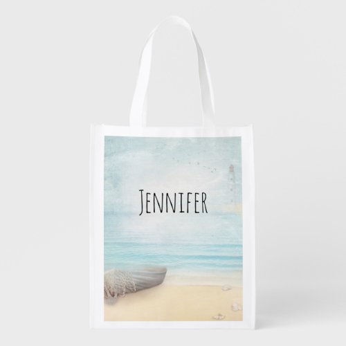 Coastal Beach Scene with Wooden Rowboat Grocery Bag