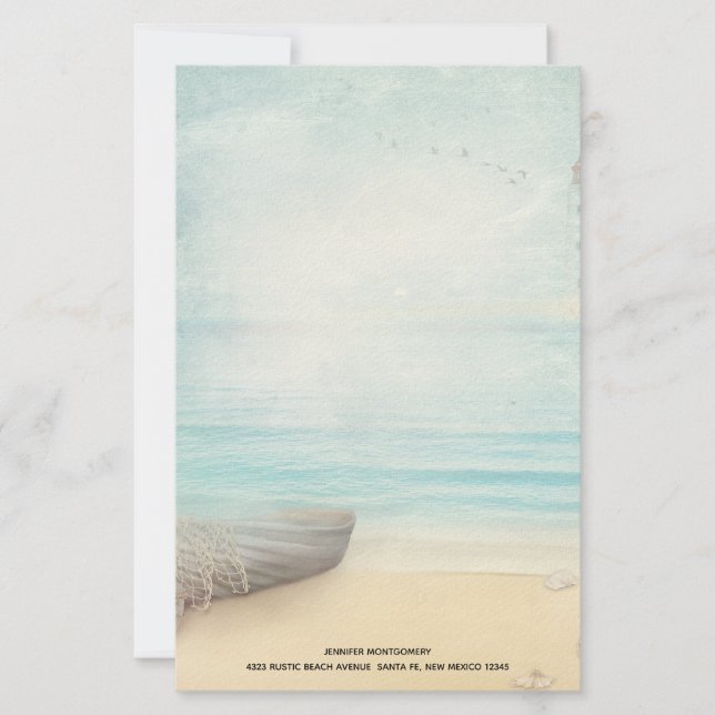 Coastal Beach Scene with Wooden Rowboat Stationery (Front)