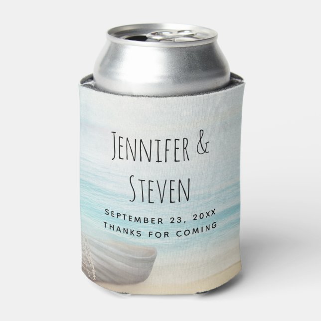 Coastal Beach Scene with Wooden Rowboat Wedding Can Cooler (Can Front)