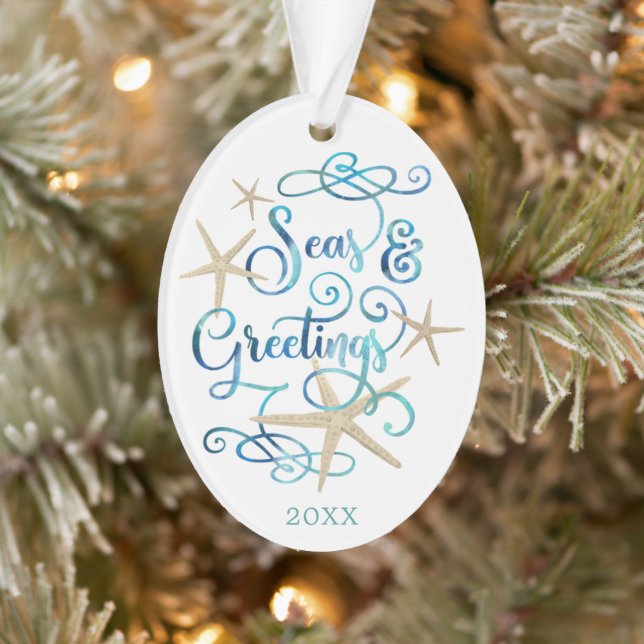 Coastal Beach Script SEAs & GREETINGS Photo Ornament (Tree)