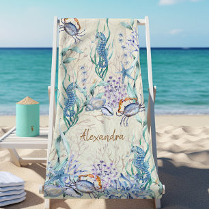 Coastal Beach Sea Life Personalized Beach Towel