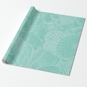 Coastal Beach Sea Shell Teal Green White Decoupage Wrapping Paper