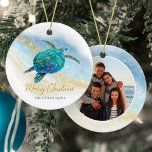 Coastal Beach Sea Turtle Merry Christmas Photo Ceramic Ornament<br><div class="desc">This coastal themed holiday ornament is easily personalized with family name on the front and a photo on the back, and features a watercolor turquoise blue sea turtle on an abstract beach background with a faux gold glitter sparkly wave, and gold Merry Christmas. Check out the collection for more matching...</div>