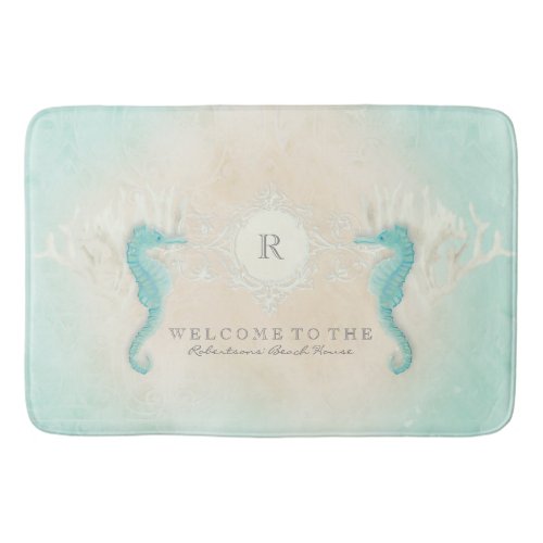 Coastal Beach Seahorse Ocean Sand Aqua Blue Tan Bathroom Mat