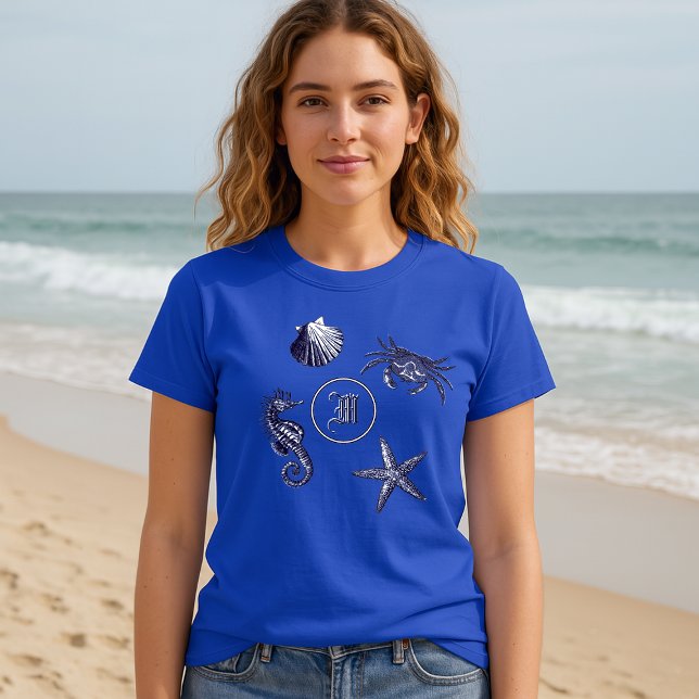 Coastal  Beach Seahorse Starfish Crab  Monogram T-Shirt (Creator Uploaded)