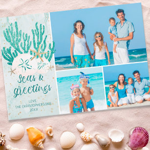 Coastal Beach SEAS & GREETINGS Turquoise Glitter Holiday Card