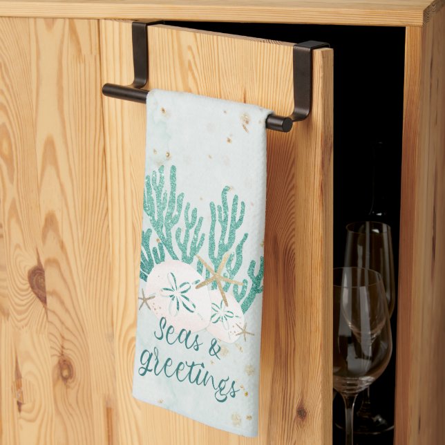 Coastal Beach SEAS & GREETINGS Turquoise Glitter Kitchen Towel (Thirds Fold)