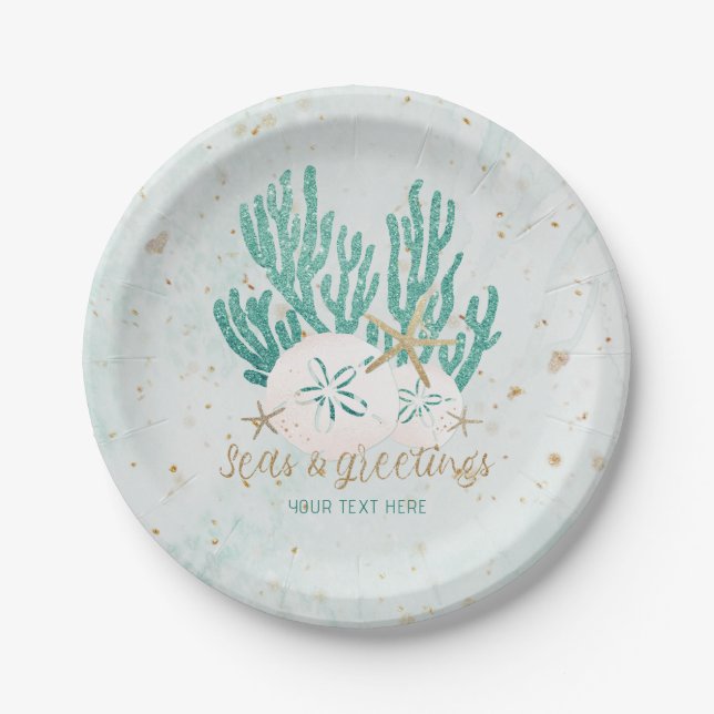 Coastal Beach SEAS & Greetings Turquoise Glitter Paper Plates (Front)