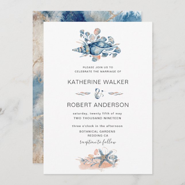 coastal beach seashell elegant Wedding Invitation (Front/Back)