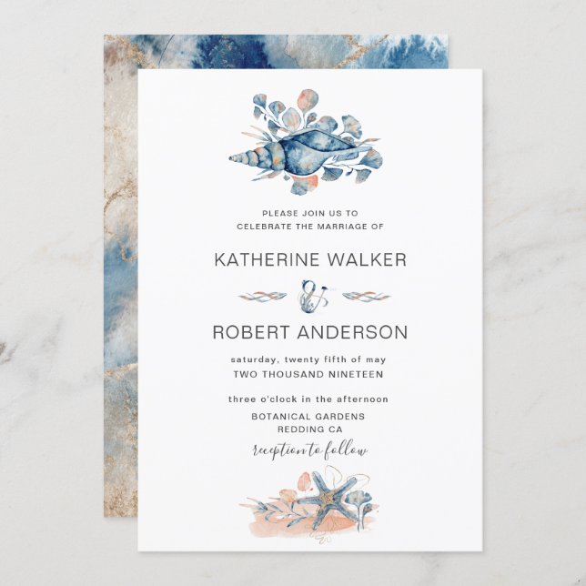 coastal beach seashell elegant Wedding Invitation (Front/Back)
