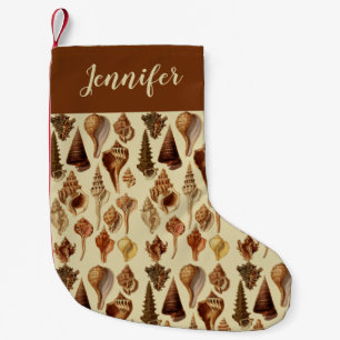 Coastal Beach Seashells Brown Beige Vintage Snails Small Christmas Stocking