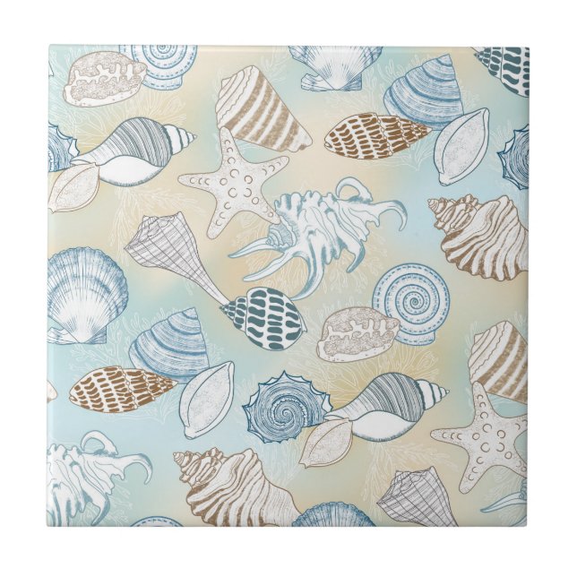 Coastal Beach Seashells Pattern  Ceramic Tile (Front)