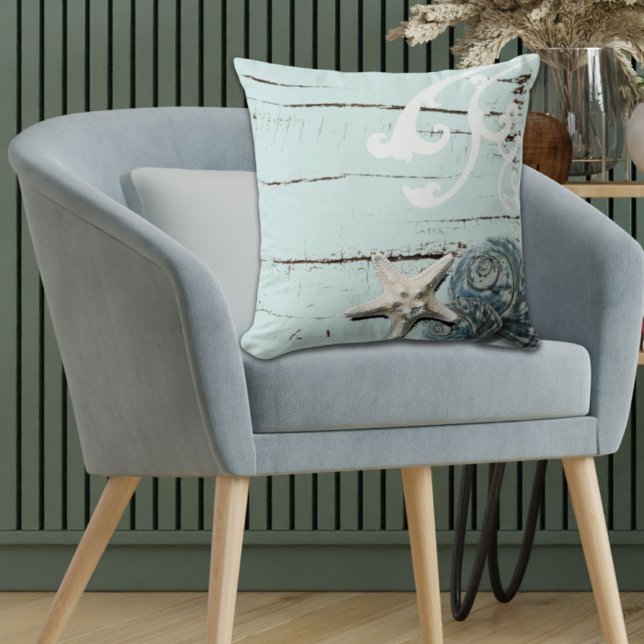 Coastal Beach Seaside aqua blue starfish seashells Throw Pillow (Coastal Beach Seaside aqua blue starfish seashells Throw Pillow)