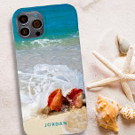 Coastal Beach Shells Seashore Photo Name Case-Mate iPhone 14 Case<br><div class="desc">Personalized cell phone case with your own full-bleed photo (or use the sample one) and custom text in your choice of font style and color. The sample photo features a coastal beach shoreline and conch seashells with waves crashing over them on a sandy beach with calm, relaxing turquoise blue ocean...</div>