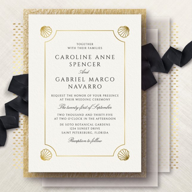 Coastal Beach Shells Wedding Foil Invitation (Creator Uploaded)