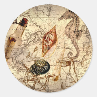 Coastal beach starfish seashell Nautical Map Classic Round Sticker