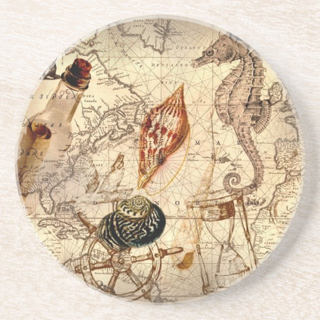 Coastal beach starfish seashell Nautical Map Drink Coaster (Front)